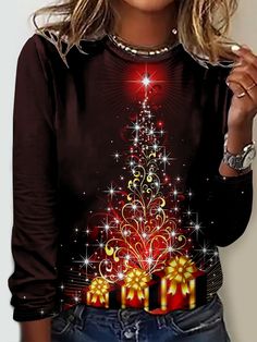 Buy Inexpensive T-shirts at Zolucky online store, SPU: 294ST-9NBD3D, Color: Red, Elasticity:Micro-Elasticity, Sleeve Length:Long Sleeve. Christmas Tops For Women, Christmas Tops, Funny Xmas, Casual Spring, Tops For Women, Spring And Fall, Neck T Shirt, Low Price, Casual Women