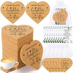 heart shaped cork coasters with names and date printed on them