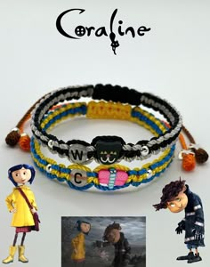 three bracelets with characters on them and the words coraline written in different languages