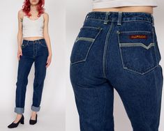 Vintage 80s mid-rise jeans in a dark wash denim with light yellow contrast stitching. They have a long inseam, with a raw edge and a seam above it to prevent unraveling (see close up photo) - shown cuffed in the photos on the model. Measurements and Condition: Fits like: Women's XXS (see waist and rise measurement to ensure fit) Fabric: Cotton denim Brand: Sergio Valente Condition: Very good, with some faint faded lines from storage, and a 1/2" and two tiny tears on the lower front of the left l Retro Dark Wash Mid-rise Jeans, Vintage Faded Mid-rise Jeans, Mid-rise Dark Wash Denim Pants, Vintage Dark Wash Mid-rise Pants, Vintage Mid-rise Rigid Denim Jeans, Jean Vintage, Denim Branding, Dark Wash Denim, Mid Rise Jeans