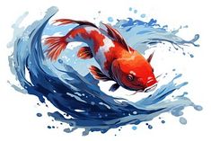 an orange and white koi fish swimming in blue water with splashes around it