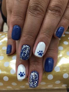 Penn State Football Nails, Eagles Nail Art, Cheerleading Nails Designs Cheer, Penn State Nails Designs, Byu Nails, Cheer Nails Designs, Dog Paw Nail Art, Blue And Yellow Nail Ideas, Football Season Nails