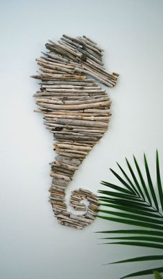 several different pictures of seahorses made out of driftwood and palm leaf shapes