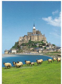 a herd of sheep walking across a lush green field next to a castle on top of a hill