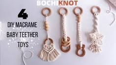 four diy macrame baby teether toys are shown with the text, 4 diy macrame baby teether toys