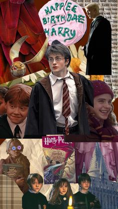 harry potter collage with hogwart's birthday cake and other characters in the background