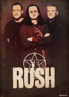 three men standing next to each other in front of a black background with the word rush on it