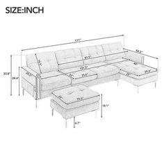 a drawing of a sectional couch and ottoman with measurements for the back section, including the seat