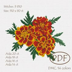 Marigolds cross stitch pattern (digital pdf pattern) Stitches: 3950 Sizе (cm):                  16,3 h x 20.0 w - Aida 14                  17,5 h x 14,3 w - Aida 16                  15,5 h x 12,7 w - Aida 18                  14,0 h x 11,4 w - Aida 20 Сolors: 14, DMC NOT A FINISHED PROJECT You need to print PDF file by opening it with the PDF Reader. Cross Stitch Pattern PDF includes 10 pages: - Full color diagram - Black and white diagram - Calculation of the number of threads with a symbol char Marigold Cross Stitch, Color Diagram, Cross Stitch Necklace, Mosaic Tile Patterns, Marigold Flowers, Floral Cross Stitch Pattern, Cross Stitch Fonts, Pillow Embroidery, Nature Cross Stitch