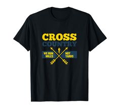 cross country t - shirt with crossed arrows on the front and yellow, blue, and black