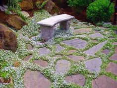 a stone bench sitting in the middle of a garden