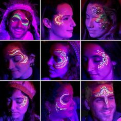 Glow Party Body Art, Neon Face Painting Ideas, Glow In The Dark Party Makeup, Glow In The Dark Makeup Ideas, Black Light Face Paint