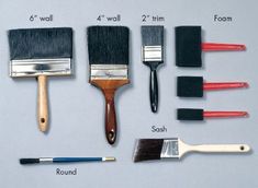 different types of paintbrushes and brushes are shown in this image, labeled with the names