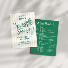 a green and white brochure with palm trees on it