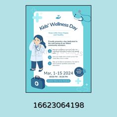 the poster for kids's health awareness day is displayed in front of a blue background