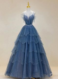 Blue Shiny Tulle Long Beaded A-line Prom Dress Outfits For Girls Formal Dress Blue, Prom Dress Blue, A Line Prom Dress, Prom Inspo, Long Formal Dress, Blue Floor, Color Rush, Blue Party Dress, Blue Dress Formal