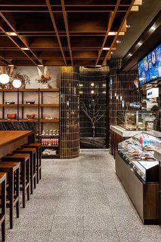 the inside of a restaurant with tables and televisions