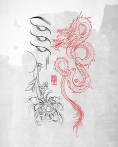 the chinese dragon and flower tattoo designs are drawn in ink on white paper with red writing