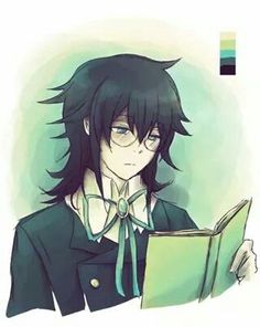 an anime character is holding a book and looking at the camera while wearing a green bow tie