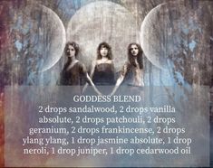 Goddess Oil Blend, Hecate Essential Oil, Wicca Oil Recipes, Goddess Oil Recipe, Goddess Essential Oil Blend, Essential Oil Perfume Blends, Essential Oil Perfumes Recipes, Aromatherapy Recipes, Essential Oil Diffuser Blends Recipes