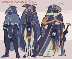 three people dressed in medieval costumes and capes standing next to each other with the words eagle - plague doc on them