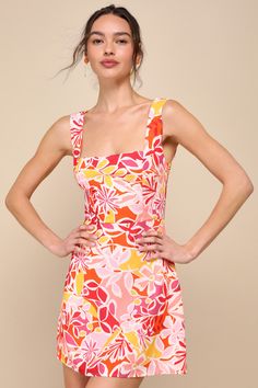 The Lulus Effortless Joy Pink Multi Floral Print Lace-Up Mini Dress is ready to bask in the good times with you all season long! Lightweight woven fabric, with a vibrant floral print, shapes this warm-weather dress with a flattering square neckline, tank straps, and a seamed bodice. High, fitted waist sits atop a cute A-line skirt that ends at a mini hem. Long straps lace up across the open back atop a flirty cutout. Hidden back zipper/clasp. Fit: This garment fits true to size. Length: Mid-thig Weather Dress, School Dropout, Fashion School, Backless Mini Dress, Pink Floral Print, Dresses Backless, Cutout Dress, School Fashion, Dress 100