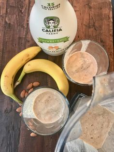 bananas, peanut butter, and yogurt are on the table next to each other