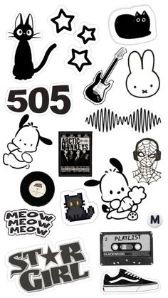 various stickers and decals are shown in this image with the words 505 on them