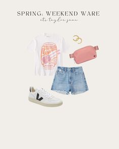 This is a screen flat lay with an oversized Abercrombie boyfriend t-shirt that has a Led Zeppelin graphic in pink and orange, a pink lululemon everywhere belt bag, madewell chunky gold hoops, veja v-10 sneakers and Abercrombie mom jean shorts with slight fraying Lululemon Belt Bag Outfit Summer, Belt Bag Outfit Summer, Lululemon Belt Bag Outfit, Belt Bag Outfit, Lululemon Belt Bag, Veja V 10, Bag Outfit, Boyfriend T Shirt, Weekend Outfit