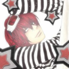 an anime character with red hair and headphones in jail cell phone case, surrounded by stars