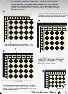 four different types of black and white floor tiles with text describing the various patterns on them