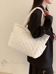 Bird in Bag - Quilted Zip-Up Shoulder Tote Bag Everyday Quilted Satchel Bag, White Quilted Travel Bag, Quilted Satchel Bag For Daily Use, Chic Quilted Bags For Errands, Everyday White Quilted Bag, Quilted Beige Shoulder Bag For Travel, Quilted Rectangular Shoulder Bag For Errands, Cream Quilted Travel Bag, Rectangular Quilted Shoulder Bag For Errands