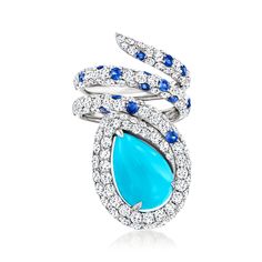 Ross-Simons - Turquoise, 4.00ct t. w. Diamond Wrap Ring, .80ct t. w. Sapphires. Size 7. Uniquely glamorous to the highest degree, this superb wrap ring indulges the imagination with exceptional color and sparkle! A bright blue 14x9mm pear-shaped stabilized turquoise cabochon is elevated by a scintillating coil sparked with 4.00 ct. t. w. round brilliant-cut diamonds and .80 ct. t. w. sapphire rounds. Finely crafted in polished 18kt white gold. 1 3/8" wide. Sapphire, diamond and turquoise wrap ri Turquoise Diamond Ring, Turquoise Jewelry Rings, Turquoise Diamond Rings, Diamond Wrap Ring, Lapis Jewelry, Sapphire Birthstone, Sapphire Color, Wrap Ring, Natural Gold