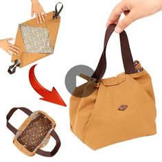 the purse is being held up by two hands with scissors and other accessories around it