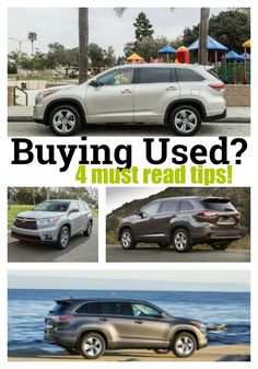 four different cars are shown with the words buying used? and 4 must read tips