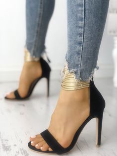 Solid Shiny Metal Embellished Thin Heeled Sandals Heel Sandals Outfit, High Heels Classy, Womens Black Booties, Heels Classy, Studded Heels, Heels Sandals, Black High Heels, Ankle Strap Heels, Lace Up Heels