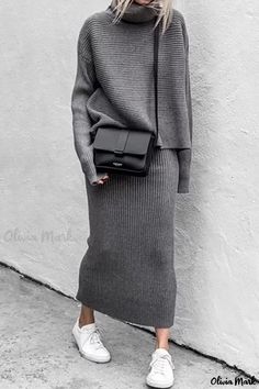 Olivia Mark - Chic Womens Grey Solid Patchwork Two-Piece Turtleneck Long-Sleeve Ensemble Classy Lady Outfits, Rok Outfit, Dope Style, Lady Outfits, Sweater Skirt Set, Casual Turtleneck, Maxi Rok, Vogue Knitting, Classy Lady