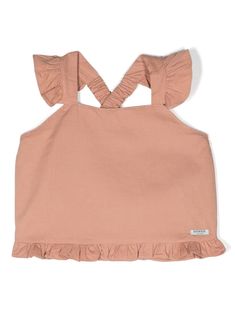 rose pink cotton ruffled detailing at the shoulder square neck rear criss-cross straps sleeveless ruffle hem Girls Blouse, Cotton Tank Top, Pink Tank Top, Pink Cotton, Cross Straps, Girl Top, Rose Pink, Ruffle Hem, Square Neck