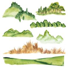 watercolor painting of different types of trees and hills