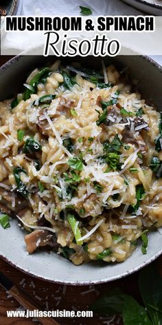 mushroom and spinach risotto in a bowl with parmesan cheese on top