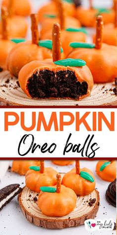 pumpkin oreo balls on a wooden slice with the words, pumpkin oreo balls