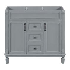 a gray vanity with drawers and two doors