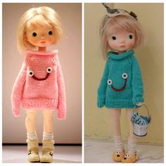 two dolls are shown side by side, one is wearing a sweater and the other has a bag