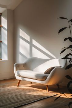 a white chair sitting in front of a window next to a potted plant on top of a hard wood floor