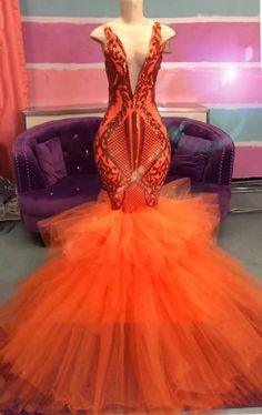 Black Girl Prom Dress Prom Dress Orange, Girl Prom Dress, Orange Party Dresses, Prom Dresses Tulle, Orange Mermaid, Cheap Evening Gowns, Orange Prom Dresses, Girl Prom, Popular Prom Dresses