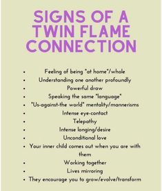 a poster with the words signs of a twin flame connection in pink and purple on it