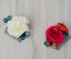 White gardenia bridal Hair comb Adornments Bridesmaid teal magenta silver rhinestones headpiece Vow Renewal Destination Wedding accessories Choose Bridesmaids, Silver Headpiece, Bridesmaid Hair Comb, Rhinestone Headpiece, Silver Head Piece