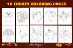 turkey coloring pages for kids to color on the thanksgiving day with leaves and pumpkins