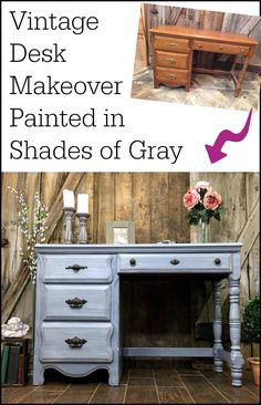 an old desk painted in shades of gray