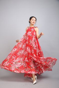 Chiffon Red Flower Long Party Dress Evening Wedding Lightweight Sundress Summer Holiday Beach Dress Bridesmaid Dress Maxi Skirt Detail Info: ❤ Color: Red flower as picture More color choice link: https://www.etsy.com/listing/213656440/chiffon-dress-color-card?ref=shop_home_feat_1 you just note the color you want with order, we will make according to your note. ❤ Material: Chiffon ❤ The dress doesn't limit the chest size and waist size, arm hole 45cm (if your upper arm circle circumference is mor Summer Wedding Chiffon Dress, Chiffon A-line Maxi Dress For Vacation, Summer Wedding Chiffon Maxi Dress, Red A-line Chiffon Dress, Red Sleeveless Chiffon Dress, Summer Floor-length Chiffon Dress, Red A-line Floral Dress For Summer, Flowy Chiffon Maxi Dress For Summer, Spring Floor-length Chiffon Dress